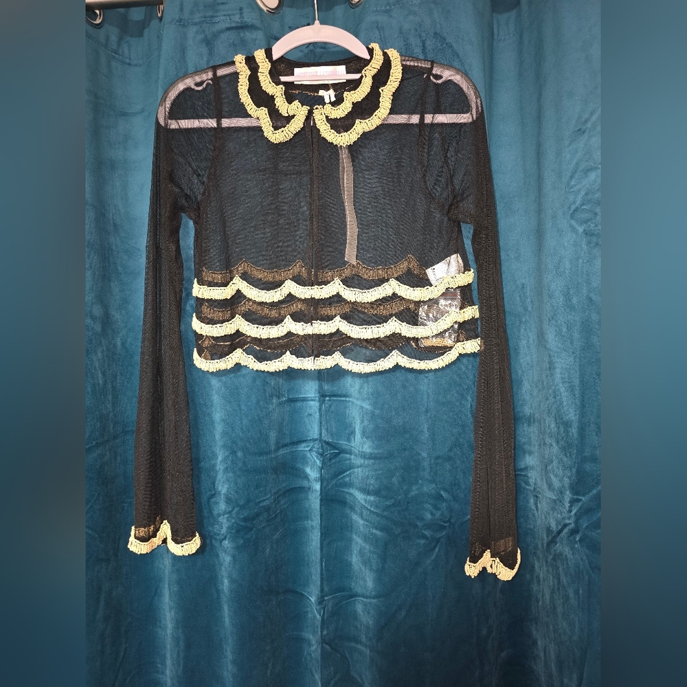 NWT Monique Leshman Vintage-Inspired Crop Sheer Bolero Black With Cream Bead MD